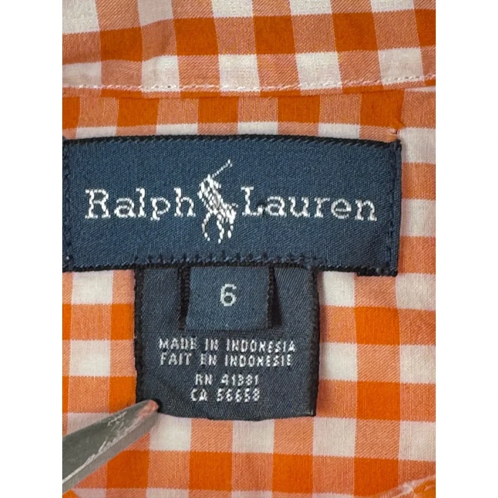 Ralph Lauren Boys Orange White Gingham Short Sleeve Button Down Shirt Size 6